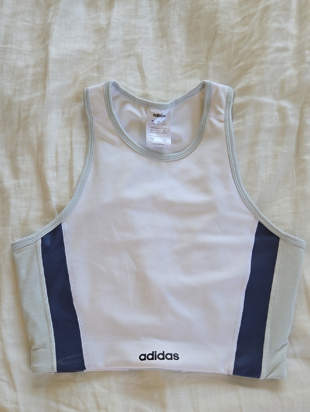 adidas White Climalite Workout Tank with Navy Side Panels and Light Gray Trim